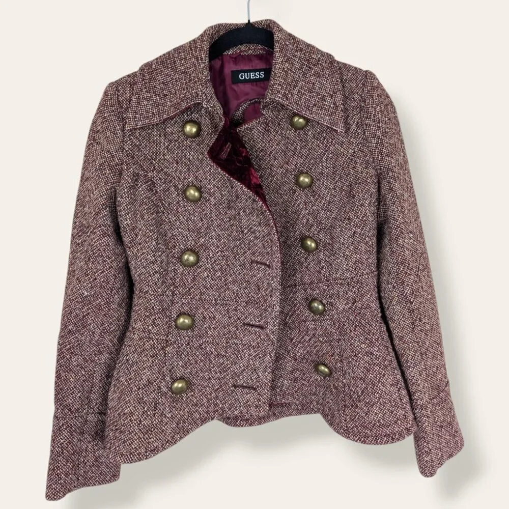 Guess Red Tweed Military-Style Jacket - Picture 8 of 13